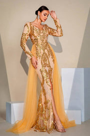 Gold Sequin Mermaid Tulle Split Front Evening Dresses with Long Sleeves
