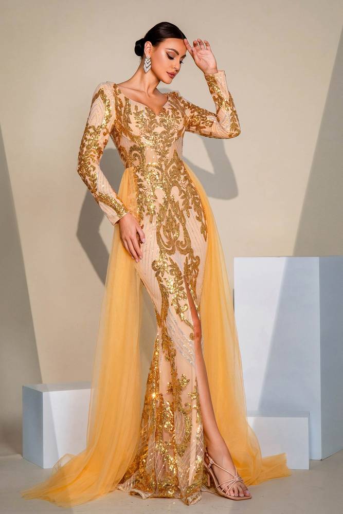 Gold Sequin Mermaid Tulle Split Front Evening Dresses with Long Sleeves