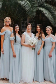 Sky Blue Floor-Length Off-The-Shoulder Chiffon Bridesmaid Dresses