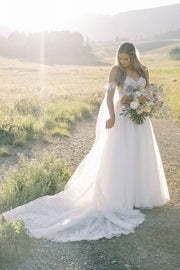 White Fabulous Off-The-Shoulder A-Line Tulle Wedding Dresses with Appliques