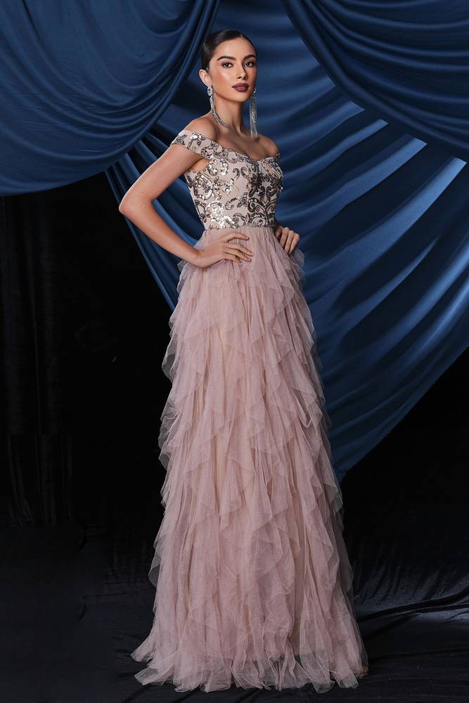 Off-The-Shoulder A-Line Tulle Prom Evening Dresses with Ruffles