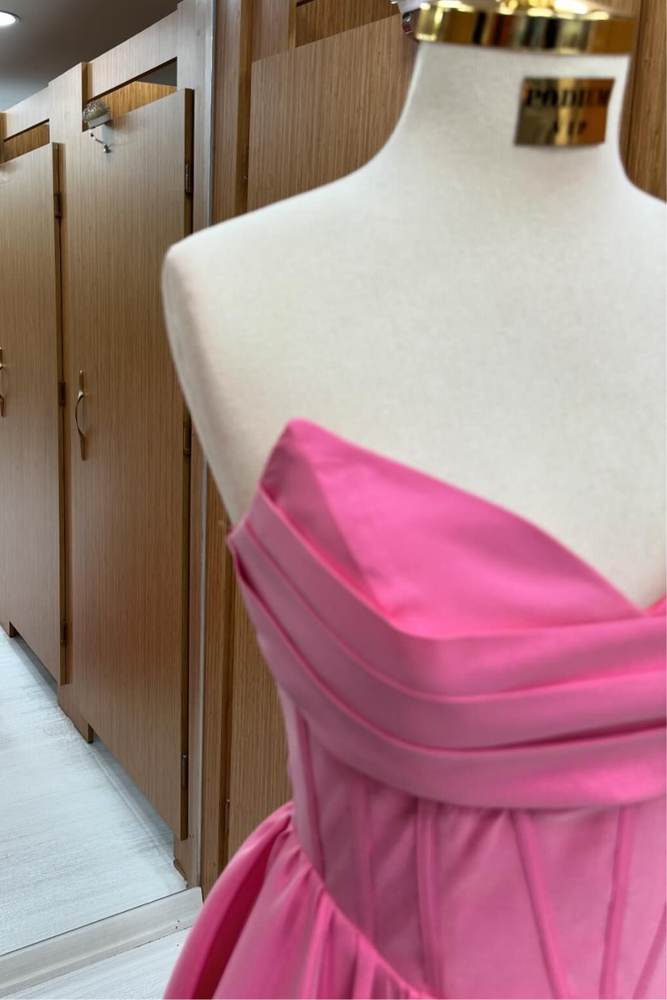 Pink V-Neck Floor-Length A-Line Strapless Satin Prom Dresses