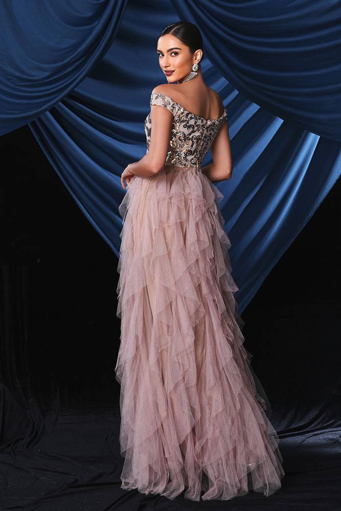 Off-The-Shoulder A-Line Tulle Prom Evening Dresses with Ruffles