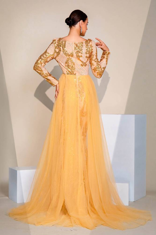 Gold Sequin Mermaid Tulle Split Front Evening Dresses with Long Sleeves