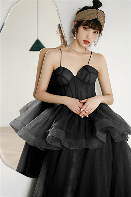 Black Chic A-Line Tulle Spaghetti Straps Long Prom Dresses