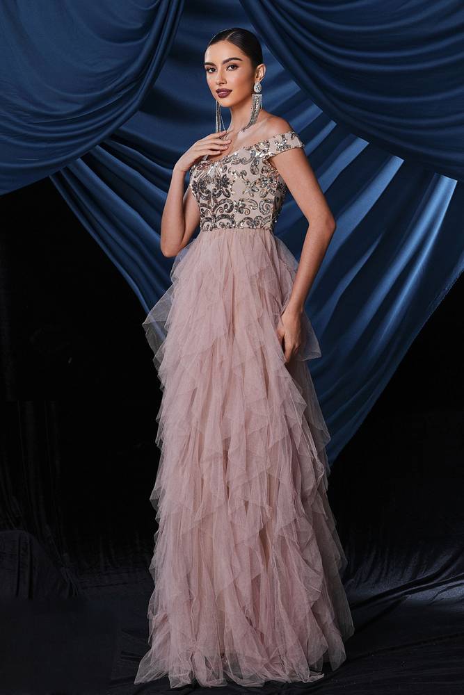 Off-The-Shoulder A-Line Tulle Prom Evening Dresses with Ruffles