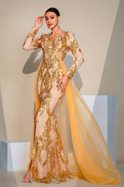 Gold Sequin Mermaid Tulle Split Front Evening Dresses with Long Sleeves