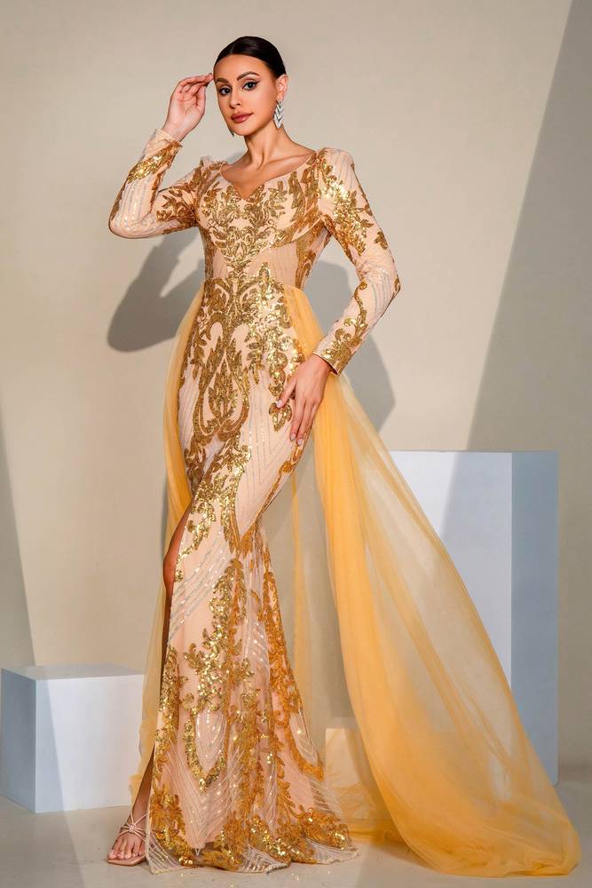 Gold Sequin Mermaid Tulle Split Front Evening Dresses with Long Sleeves