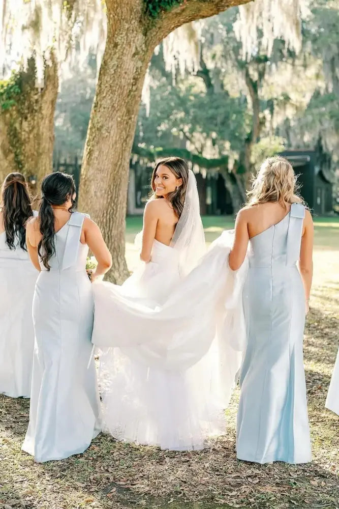 Blue One-Shoulder Floor-Length Mermaid Bridesmaid Dresses