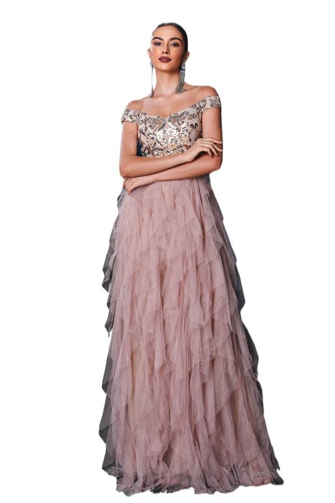 Off-The-Shoulder A-Line Tulle Prom Evening Dresses with Ruffles