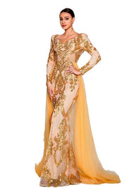 Gold Sequin Mermaid Tulle Split Front Evening Dresses with Long Sleeves
