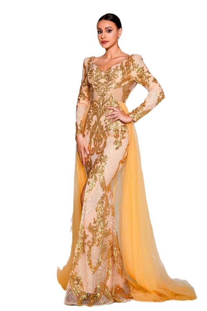 Gold Sequin Mermaid Tulle Split Front Evening Dresses with Long Sleeves