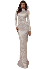 White High Neck Mermaid Sequin Evening Dresses with Sweep Train