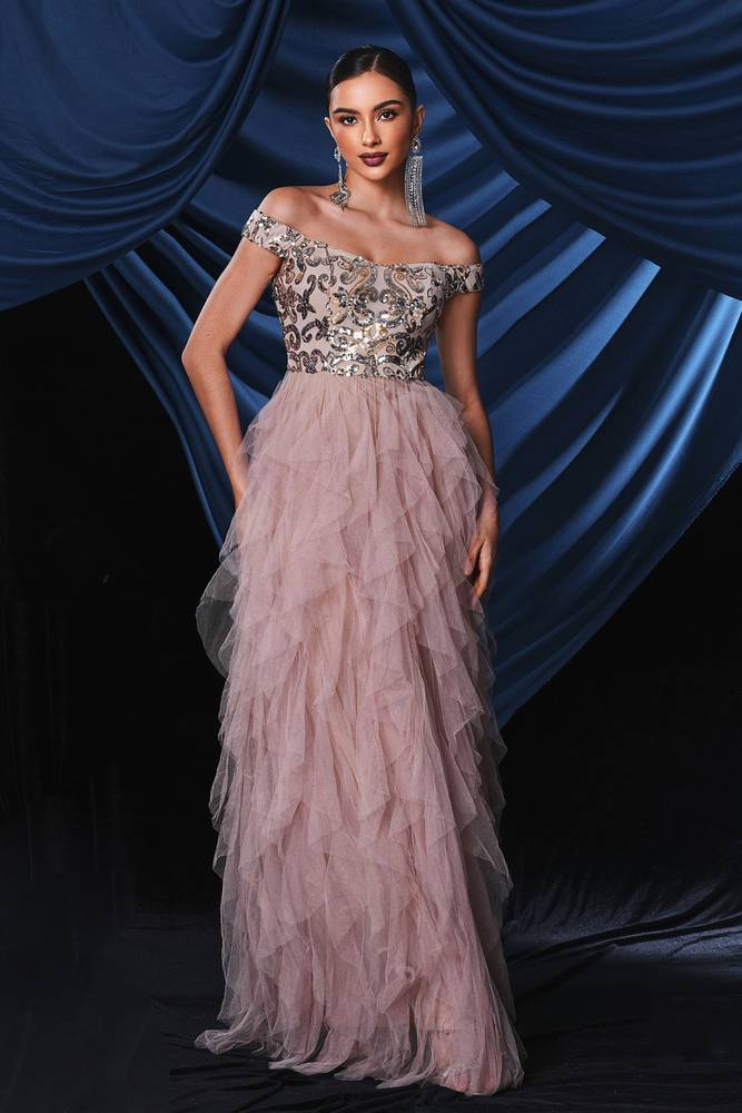 Off-The-Shoulder A-Line Tulle Prom Evening Dresses with Ruffles