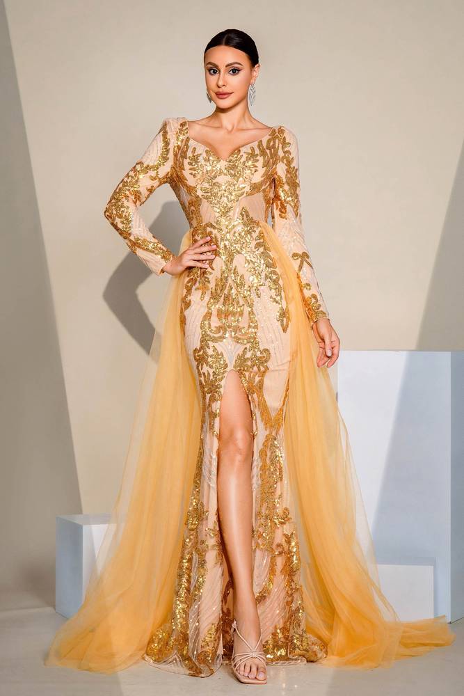 Gold Sequin Mermaid Tulle Split Front Evening Dresses with Long Sleeves