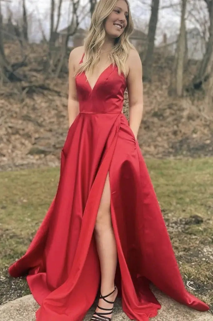 Red V-Neck A-Line Satin Split Front Prom Dresses with Pockets