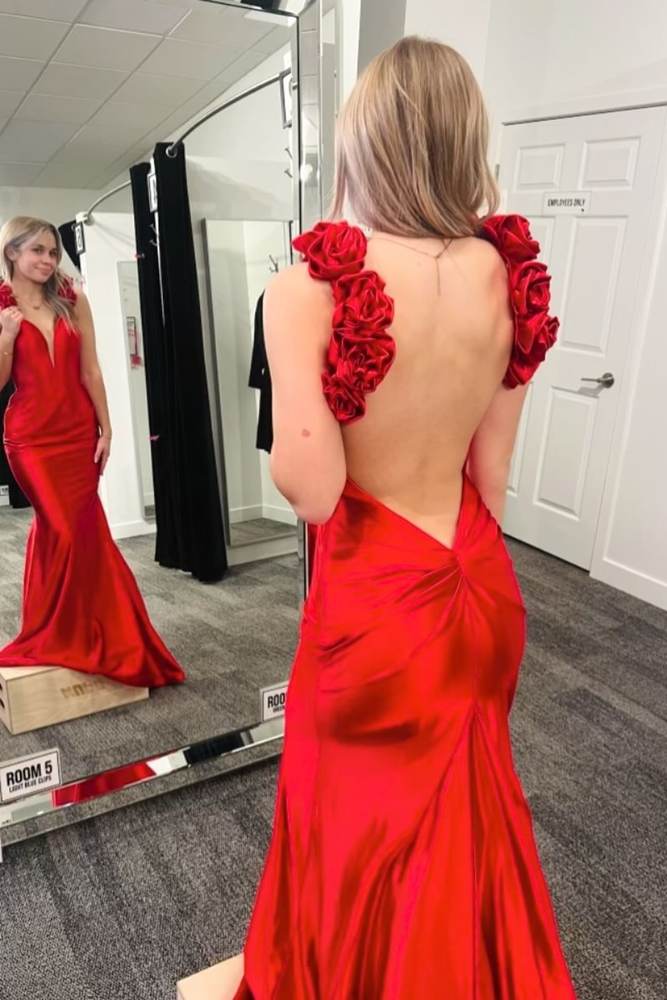 Red Deep V-Neck Backless Mermaid Satin Long Prom Dresses