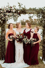 Burgundy Chiffon A-Line Floor-Length Bridesmaid Dresses