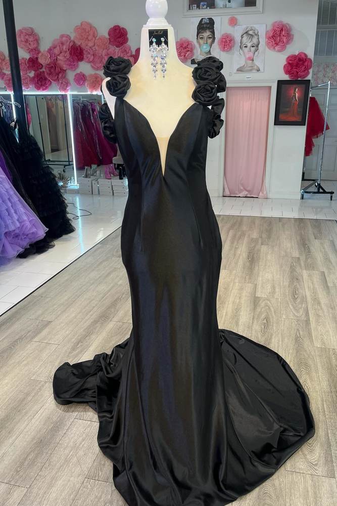 Black Deep V-Neck Backless Mermaid Satin Long Prom Dresses