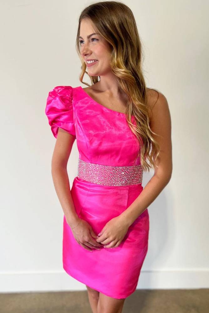 One-Shoulder Fuchsia Short Mermaid Satin Homecoming Dresses