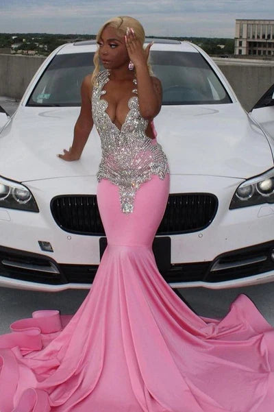 Pink Sleeveless Long Mermaid Satin Prom Dresses with Rhinestones