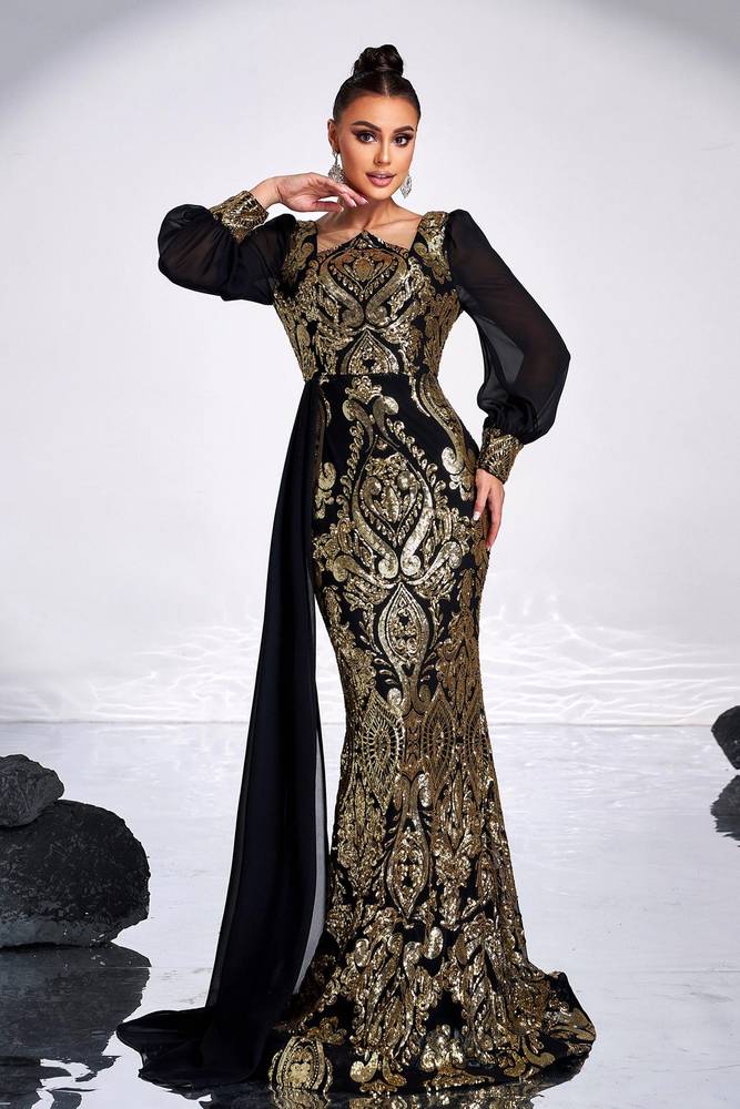 Sequined Long Sleeves Mermaid Evening Dresses with Train