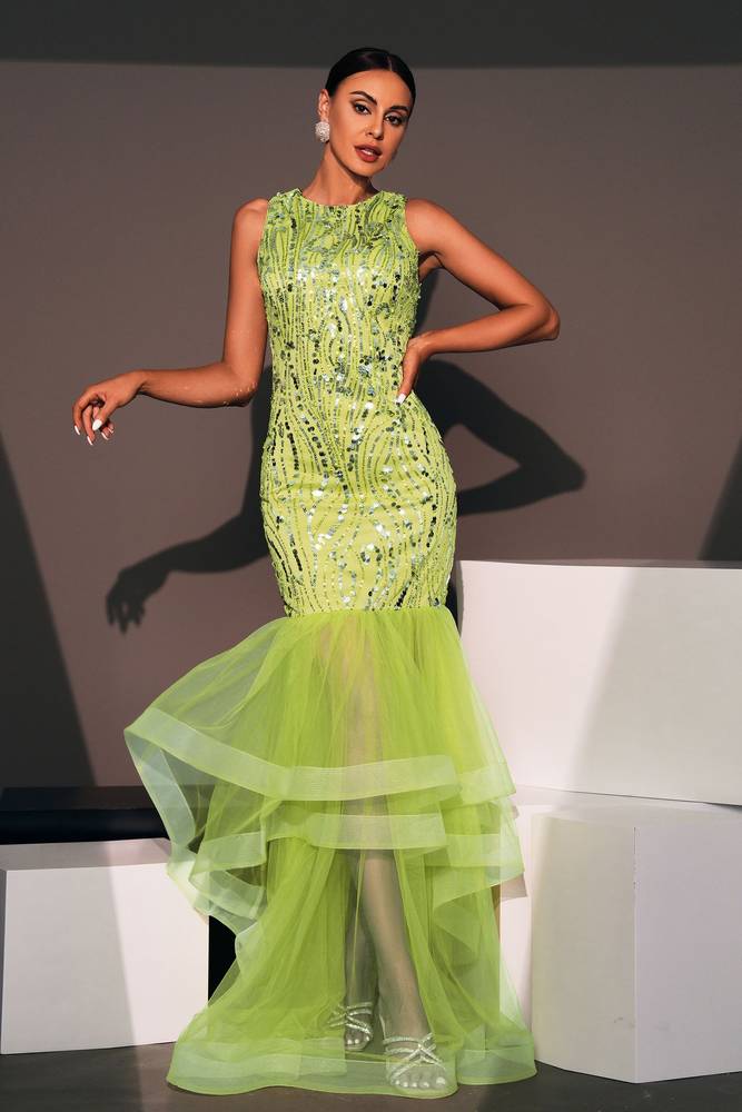 Green Crew Neck Mermaid Sequin Tulle Prom Evening Dresses
