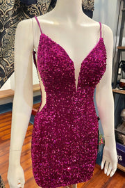 Orchid Sequined Spaghetti Straps Deep V-Neck Short Mermaid Homecoming Dresses