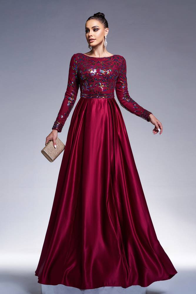 Red Sequined A-Line Satin Evening Dresses with Long Sleeves