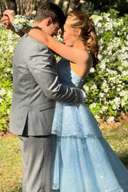 Sky Blue Sequined A-Line One-Shoulder Long Prom Dresses with Slit