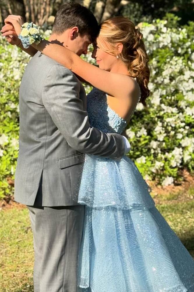 Sky Blue Sequined A-Line One-Shoulder Long Prom Dresses with Slit