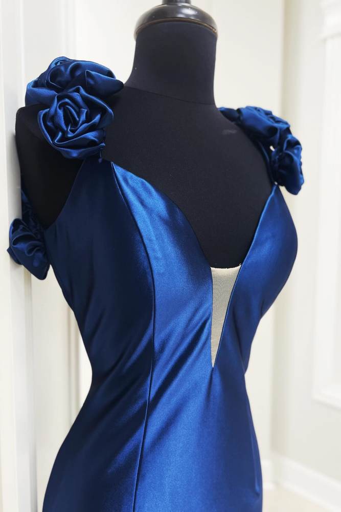 Dark Navy Deep V-Neck Backless Mermaid Satin Long Prom Dresses