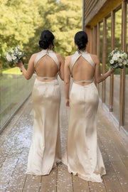 Elegant High Neck Backless Mermaid Bridesmaid Dresses with Slit