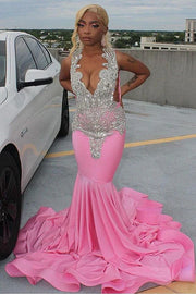 Pink Sleeveless Long Mermaid Satin Prom Dresses with Rhinestones