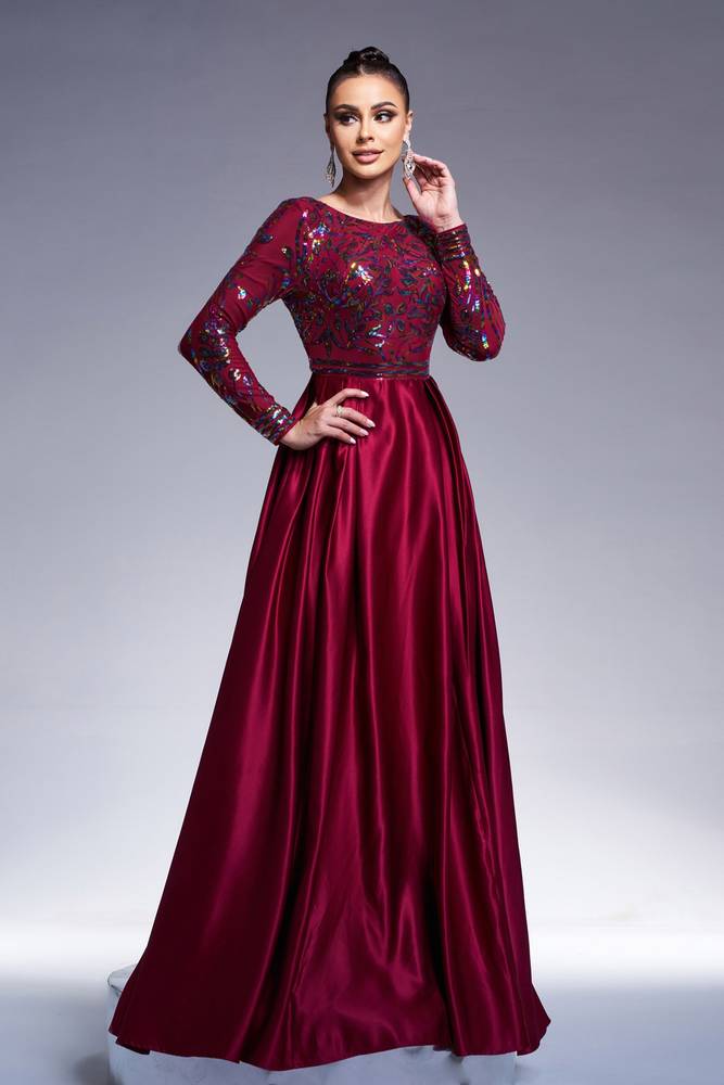 Red Sequined A-Line Satin Evening Dresses with Long Sleeves