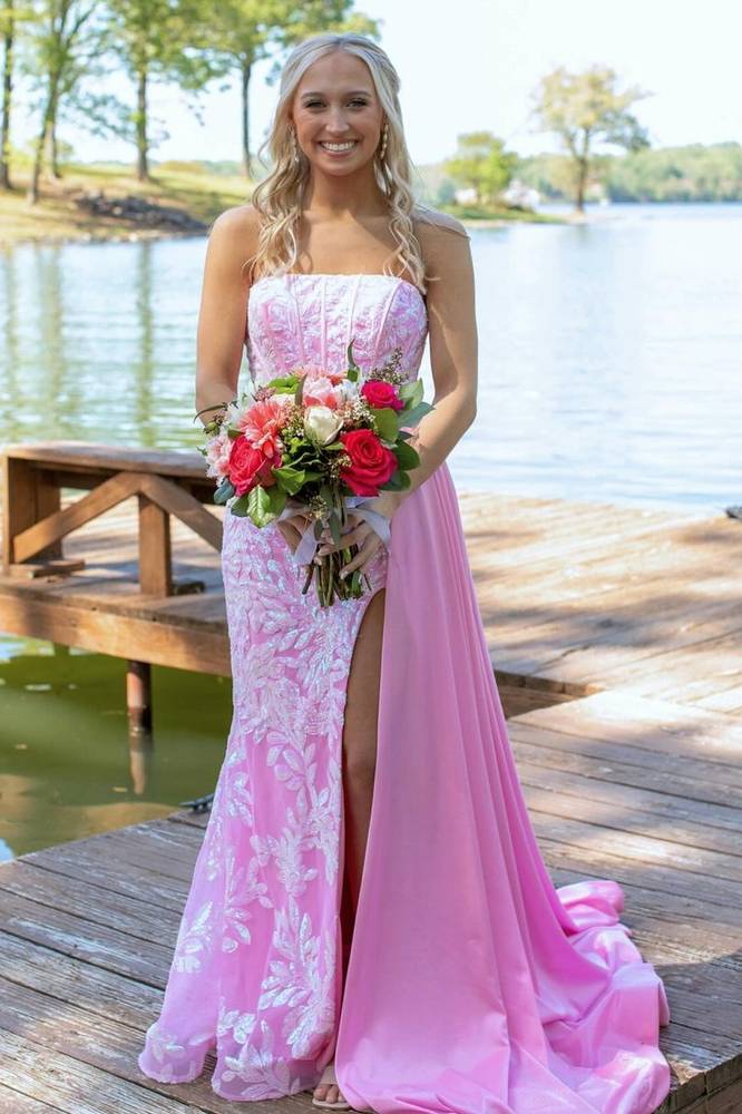 Pink Chic Strapless Tulle Satin Mermaid Prom Dresses with Slit