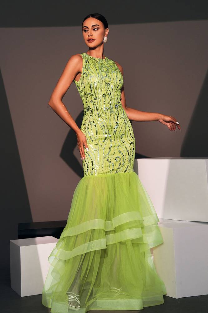 Green Crew Neck Mermaid Sequin Tulle Prom Evening Dresses