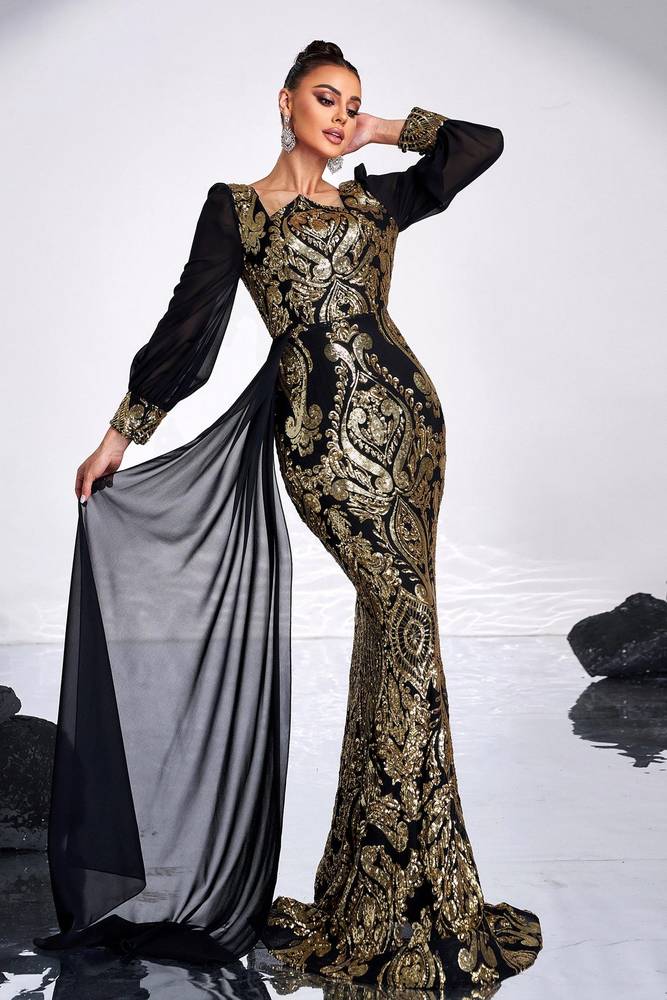 Sequined Long Sleeves Mermaid Evening Dresses with Train