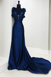 Dark Navy Deep V-Neck Backless Mermaid Satin Long Prom Dresses