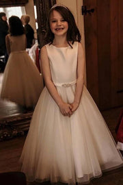 Crew Neck A-Line Sleeveless Tulle Flower Girl Dresses with Rhinestones