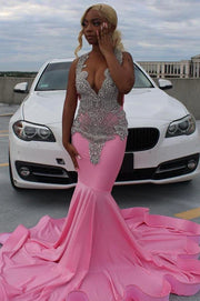 Pink Sleeveless Long Mermaid Satin Prom Dresses with Rhinestones