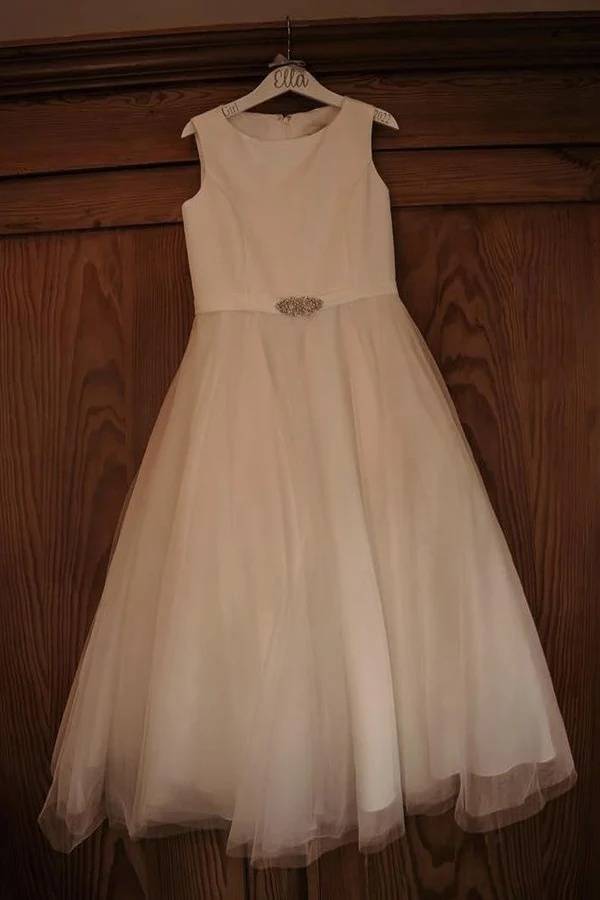 Crew Neck A-Line Sleeveless Tulle Flower Girl Dresses with Rhinestones