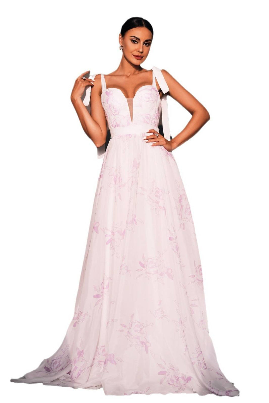 A-Line Floral V-Neck Sleeveless Prom Evening Dresses