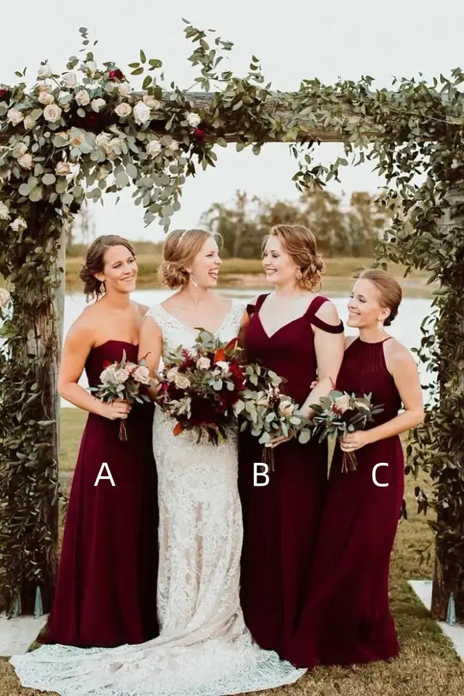 Burgundy Chiffon A-Line Floor-Length Bridesmaid Dresses