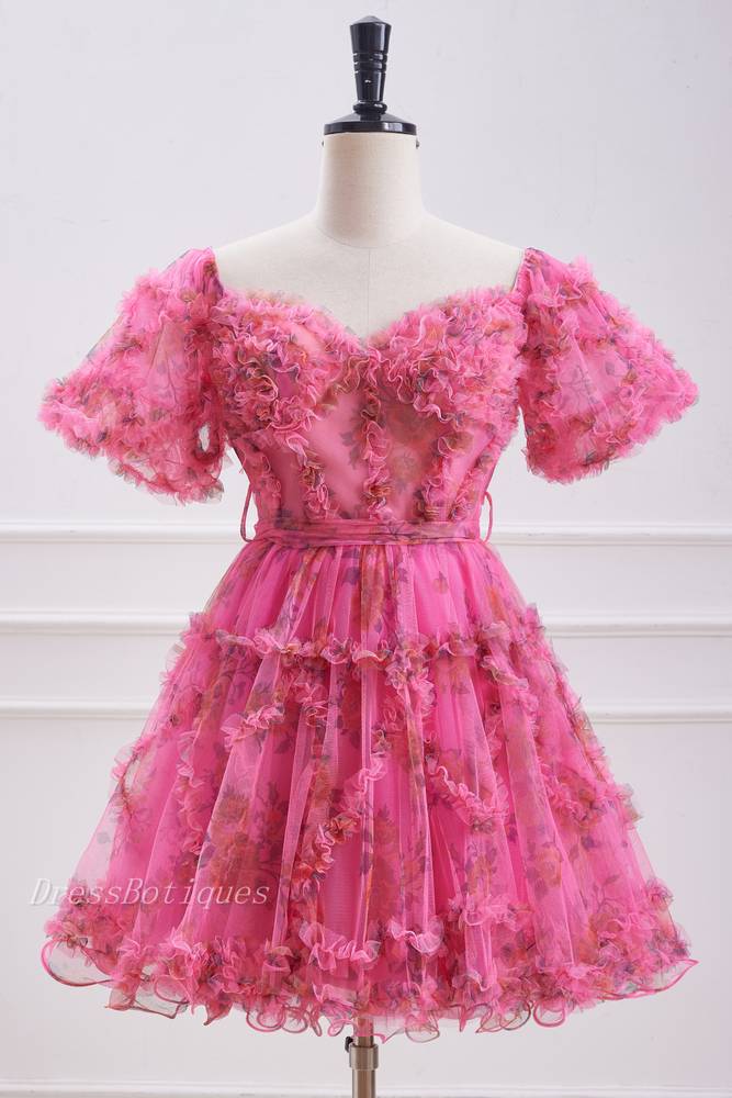 Fuchsia Sweetheart Short Sleeves Floral Print A-Line Homecoming Dresses