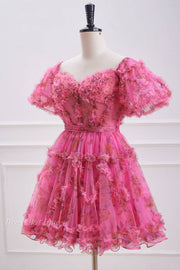 Fuchsia Sweetheart Short Sleeves Floral Print A-Line Homecoming Dresses