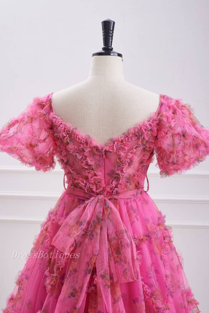 Fuchsia Sweetheart Short Sleeves Floral Print A-Line Homecoming Dresses