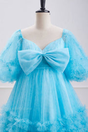 Light Blue Stunning Short Sleeves A-Line Short Tulle Homecoming Dress with Bow