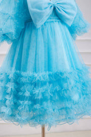 Light Blue Stunning Short Sleeves A-Line Short Tulle Homecoming Dress with Bow