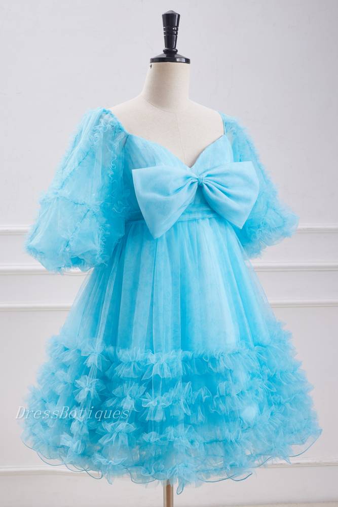 Light Blue Stunning Short Sleeves A-Line Short Tulle Homecoming Dress with Bow